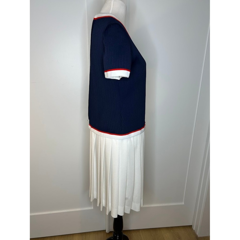 Vintage 1970s Leslie Fay Navy Blue White Pleated Knit Dress Red Trim V-Neck - Picture 9 of 15